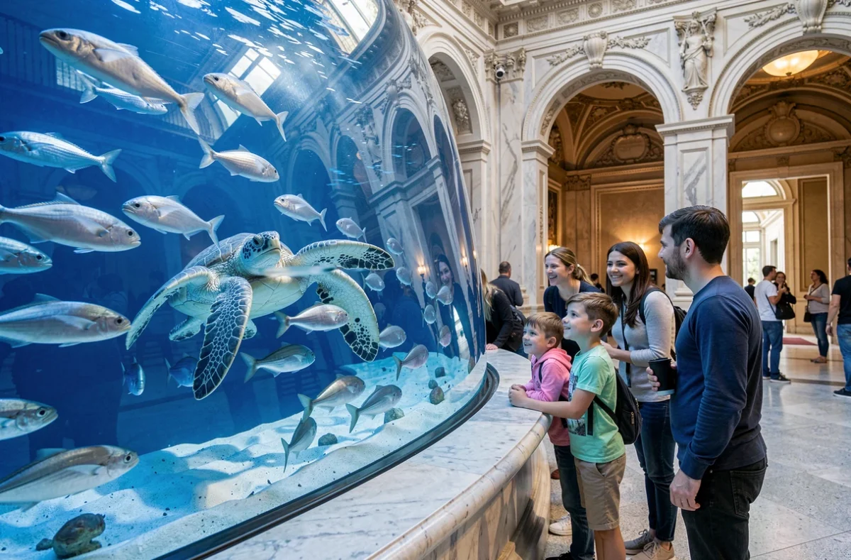 Famille admirant l'aquarium géant au Musée Océanographique de Monaco