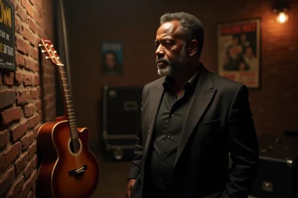 Musicien afro-américain en coulisses d'une salle de concert, contemplant une guitare vintage, évoquant l'héritage familial musical de Ronnie Turner