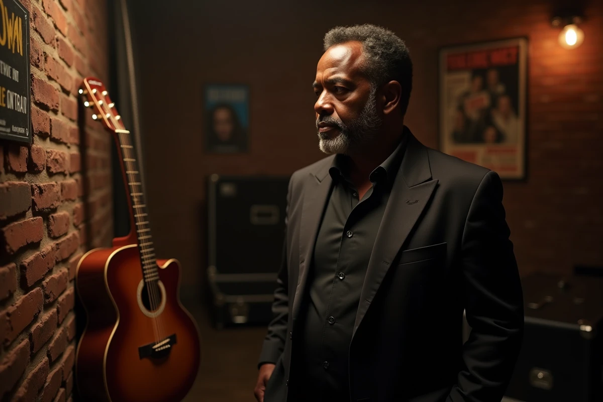 Musicien afro-américain en coulisses d'une salle de concert, contemplant une guitare vintage, évoquant l'héritage familial musical de Ronnie Turner