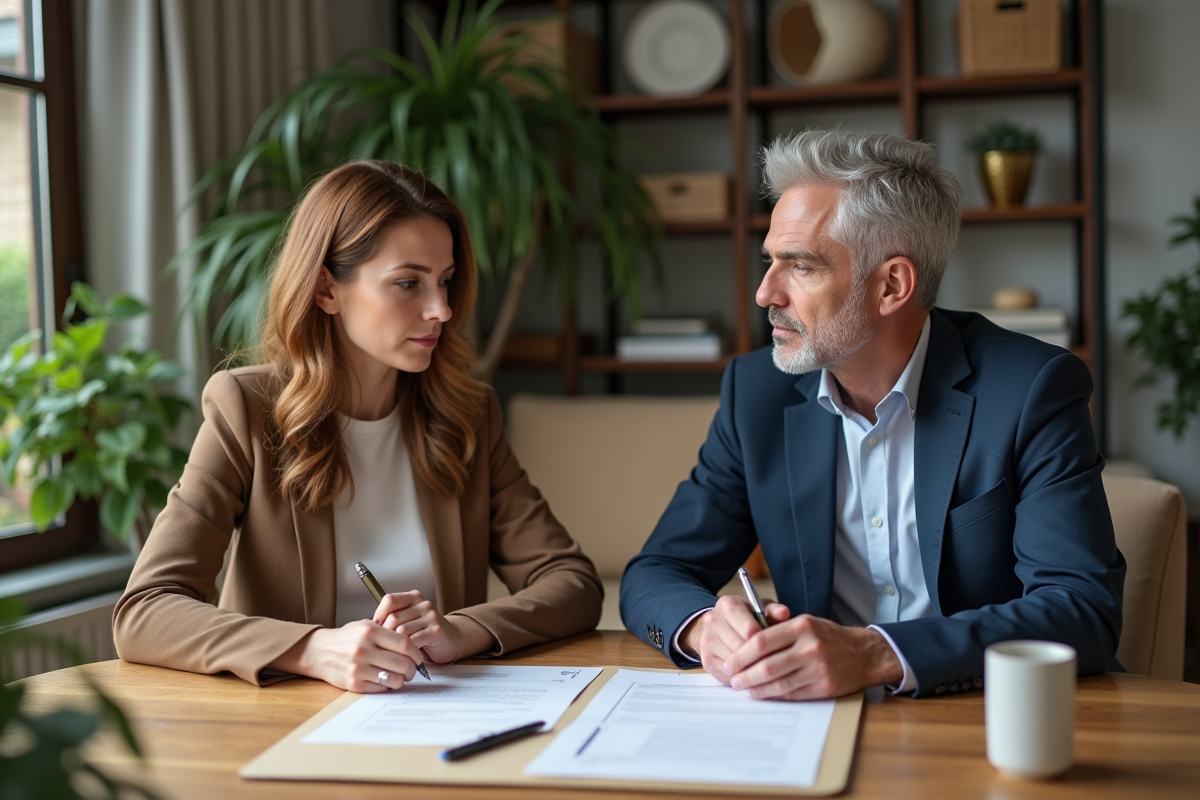 Un couple en discussion sérieuse dans un salon moderne