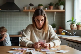Nounou à domicile comptant des billets en espèces sur une table de cuisine avec un enfant en bas âge jouant à proximité