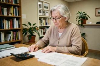 Une femme âgée examine des documents liés au calcul de l'obligation alimentaire dans une maison de retraite
