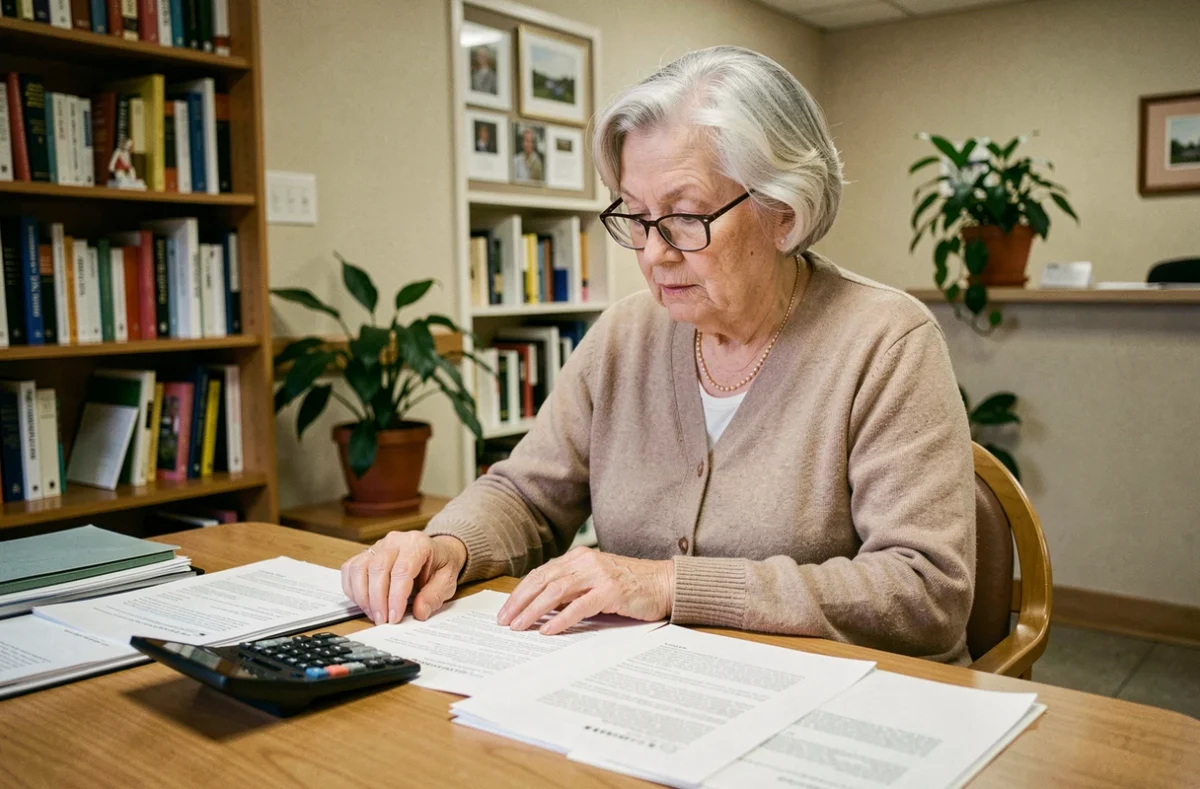 Une femme âgée examine des documents liés au calcul de l'obligation alimentaire dans une maison de retraite