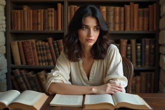 Jeune femme étudiant l'étymologie du prénom Sacha entourée de livres anciens en cyrillique, grec et hébreu dans une bibliothèque en pierre