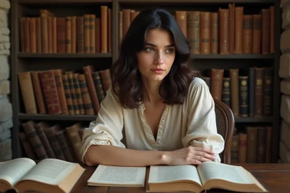 Jeune femme étudiant l'étymologie du prénom Sacha entourée de livres anciens en cyrillique, grec et hébreu dans une bibliothèque en pierre