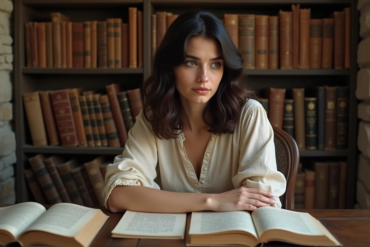Jeune femme étudiant l'étymologie du prénom Sacha entourée de livres anciens en cyrillique, grec et hébreu dans une bibliothèque en pierre