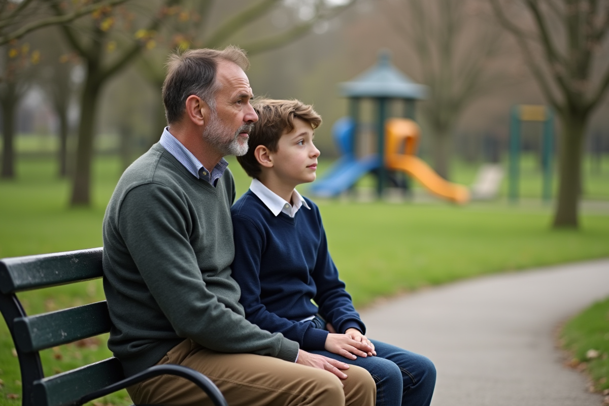 Père et fils discutent sur un banc dans un parc au printemps