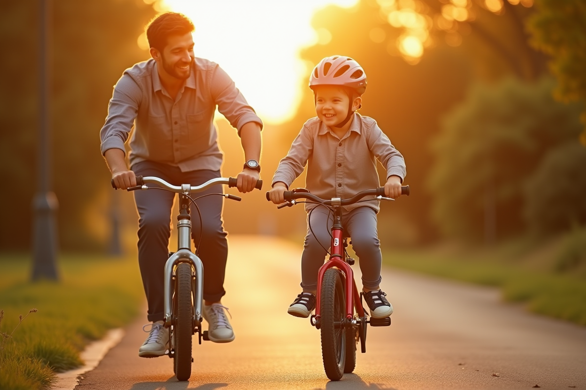 Père aidant son enfant à faire du vélo en famille