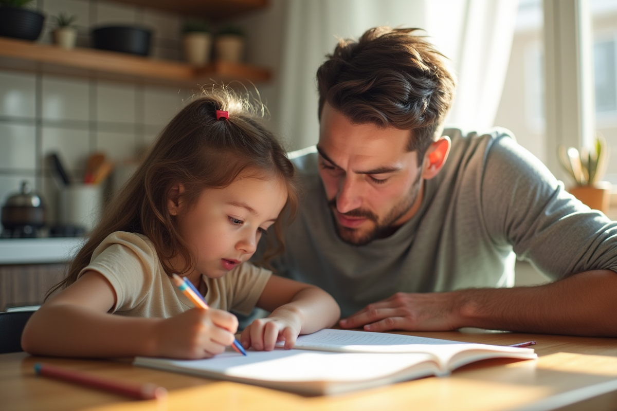 Père aidant sa fille à faire ses devoirs à la cuisine
