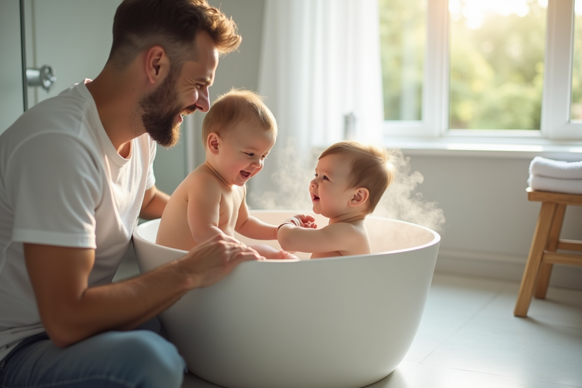 Père riant avec son bébé sur les genoux près de la baignoire