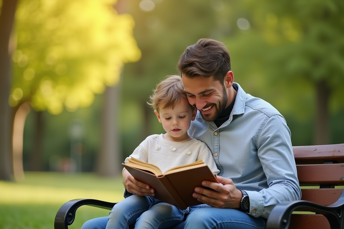 Père et enfant lisant dans un parc ensoleille