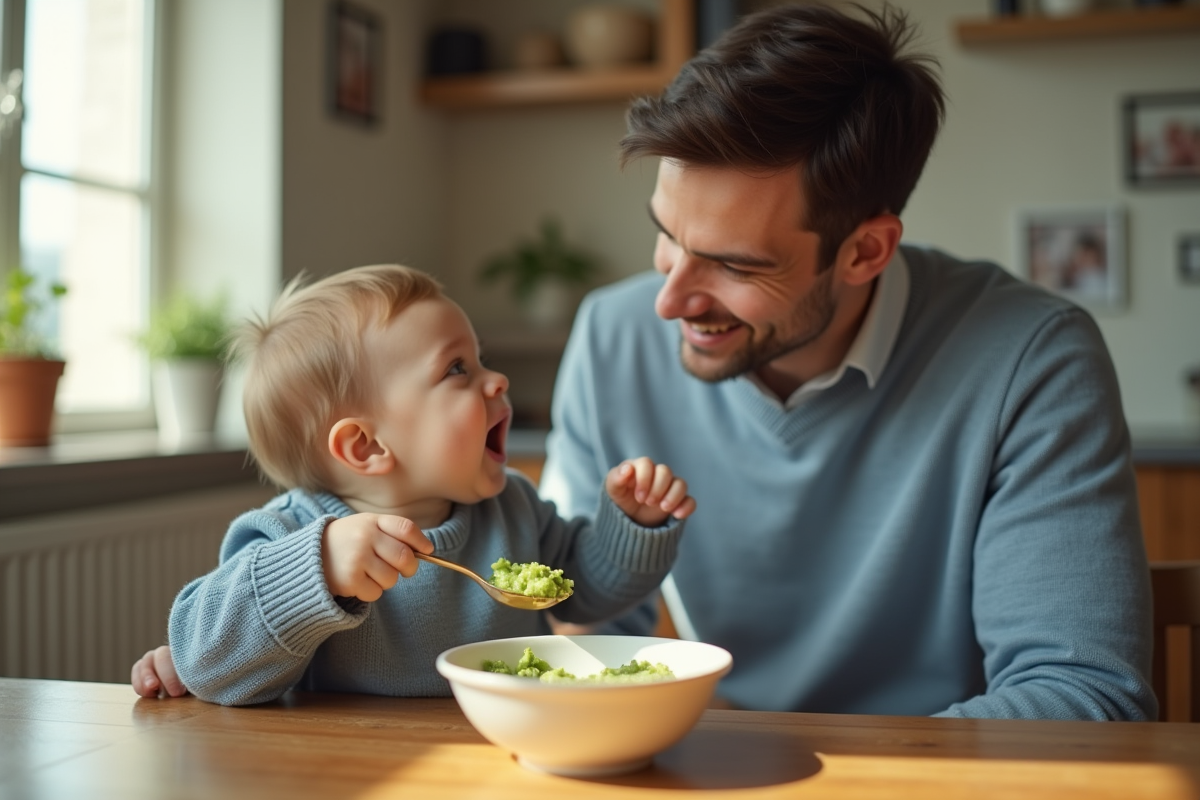 Pere donnant des haricots verts à son bébé dans une salle à manger lumineuse