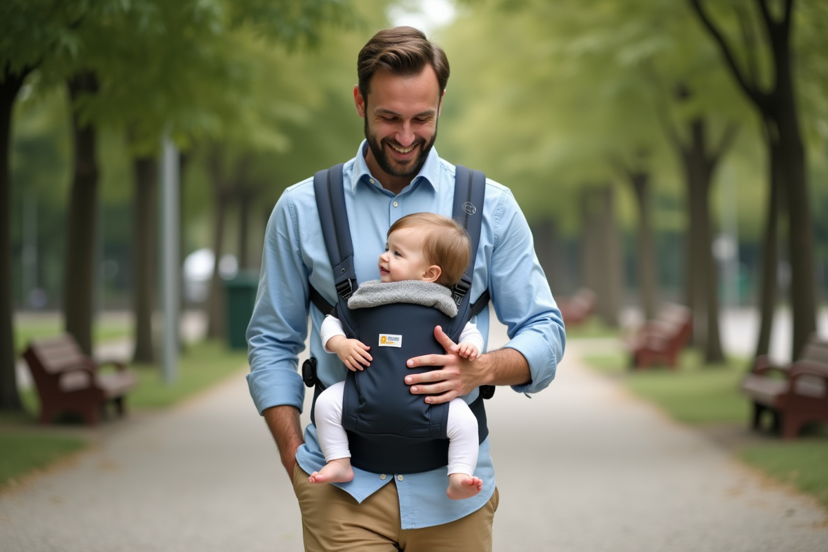 Père marchant avec sa fille en porte-bébé dans un parc urbain