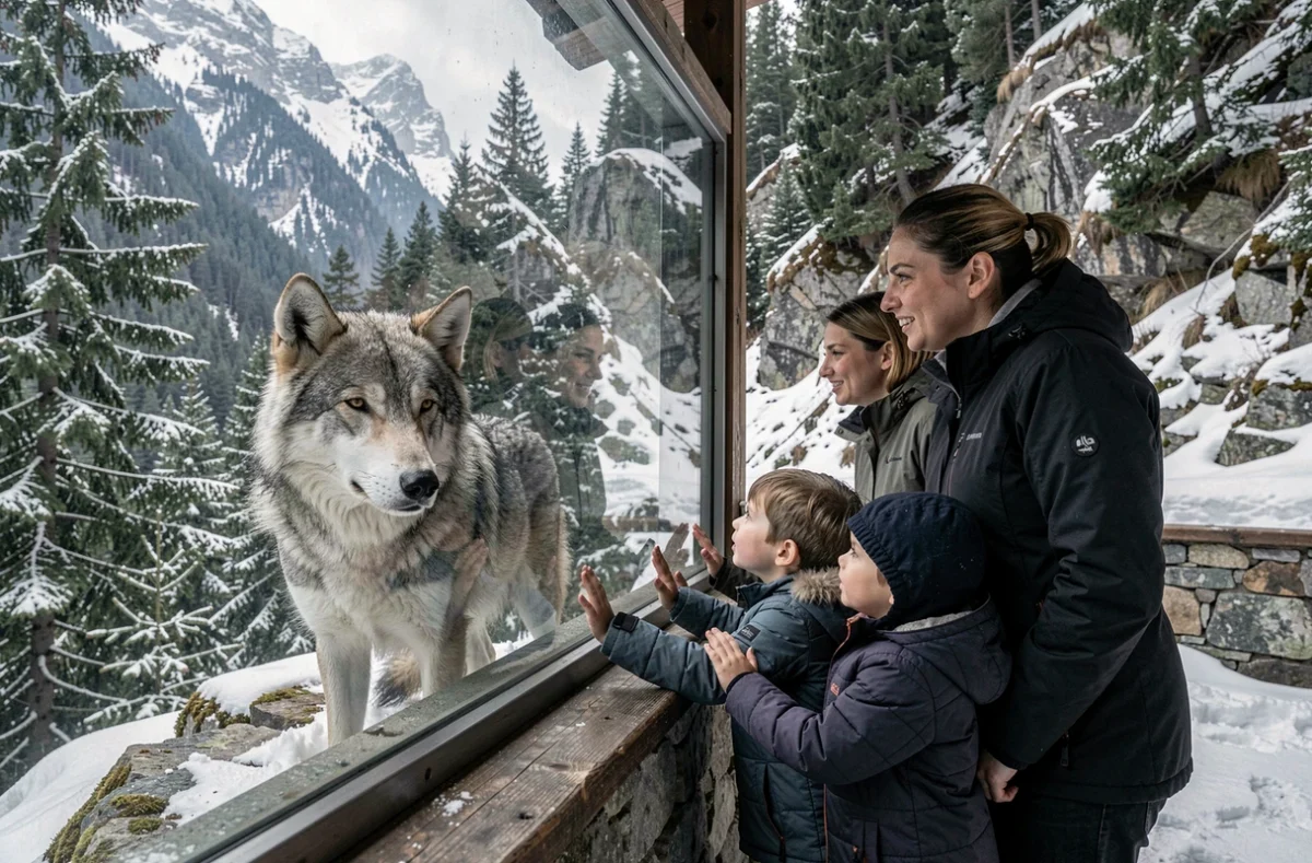 Famille observant des loups au Parc Alpha dans la vallée de la Vésubie