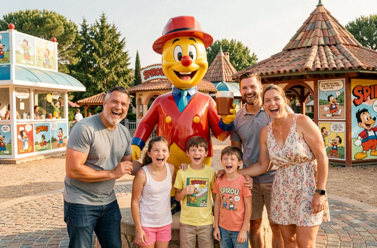 Famille avec la mascotte Spirou au Parc Spirou Provence à Monteux