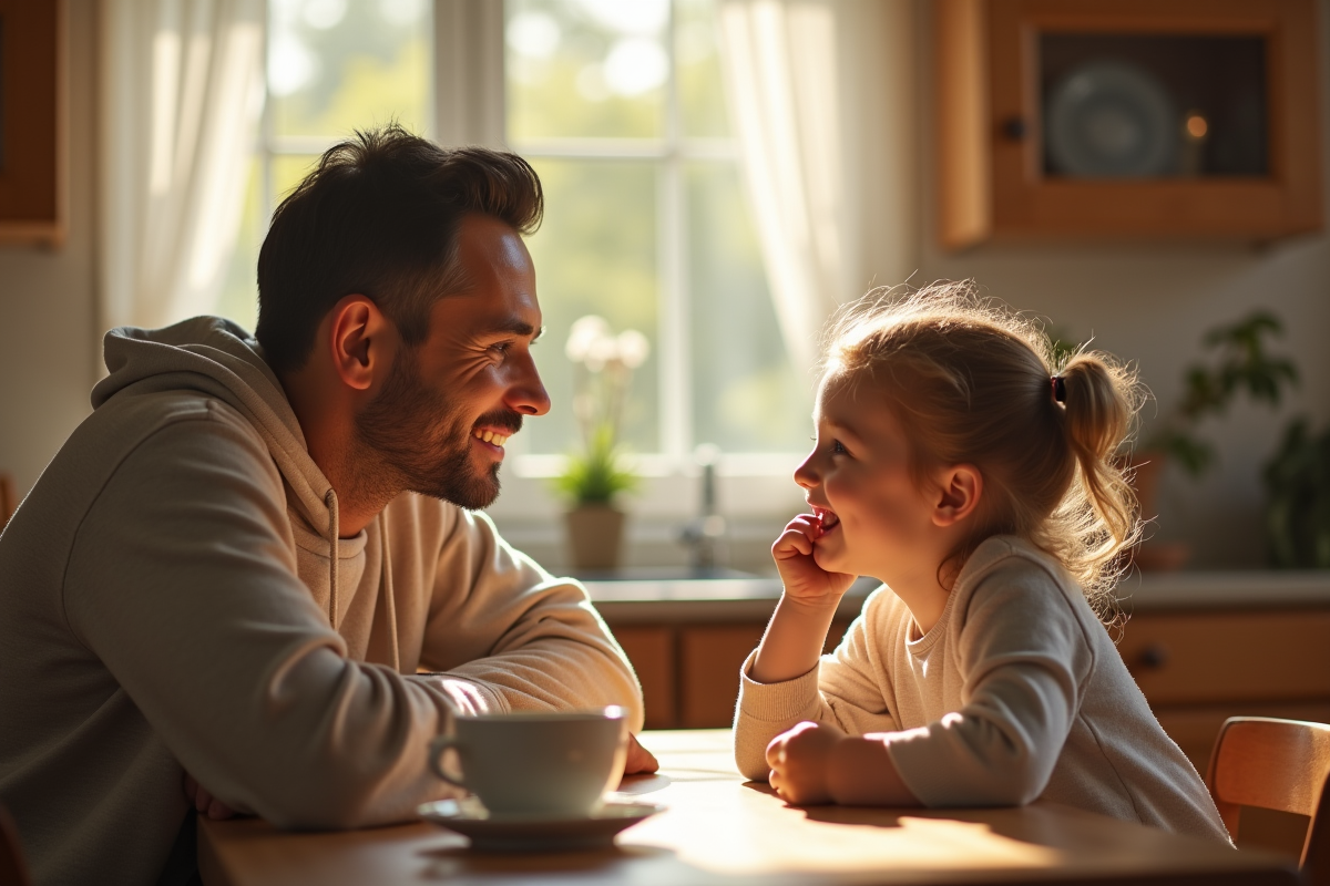 Parent et enfant discutant à la cuisine en matinée