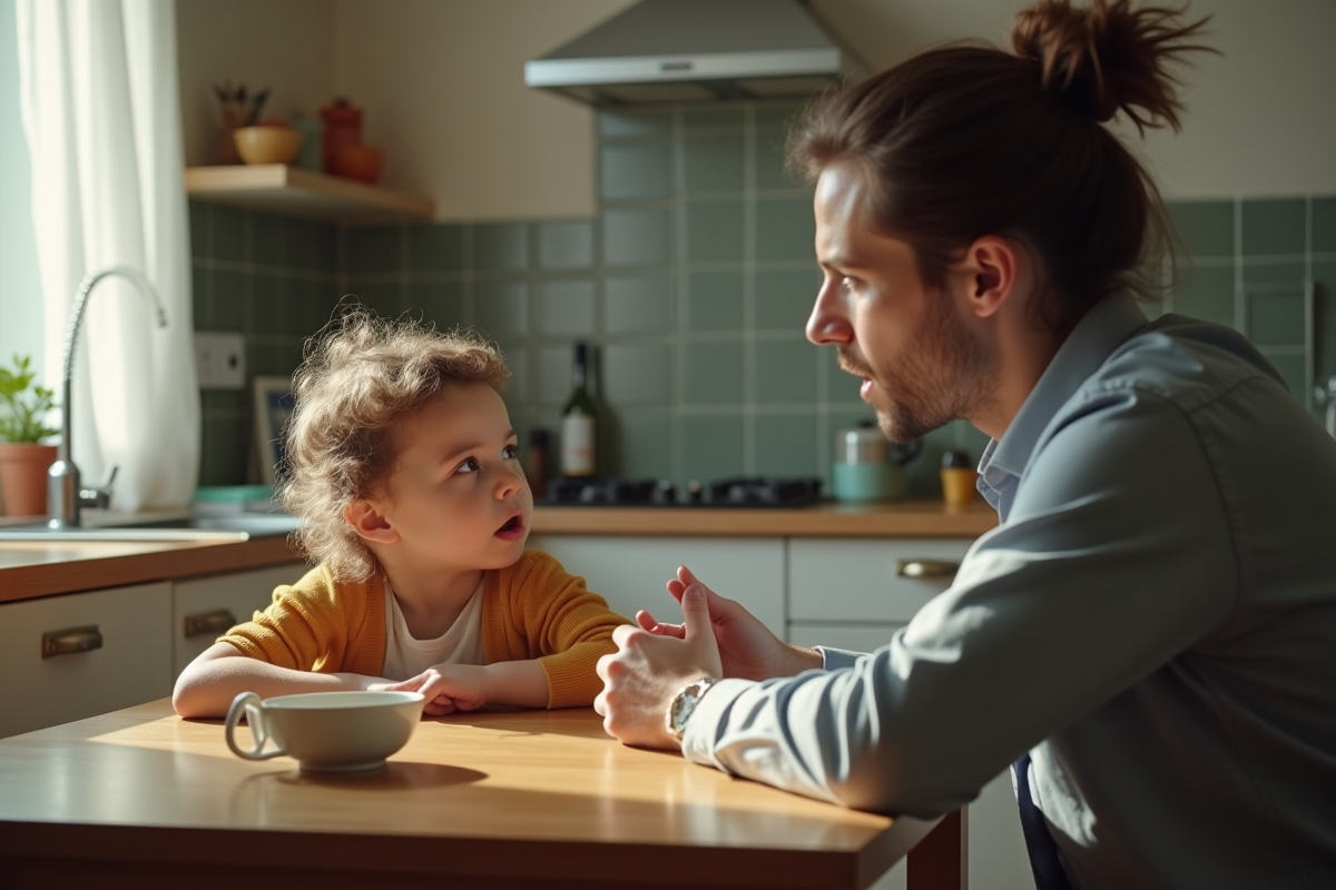 Parent strict parlant à son enfant à la cuisine