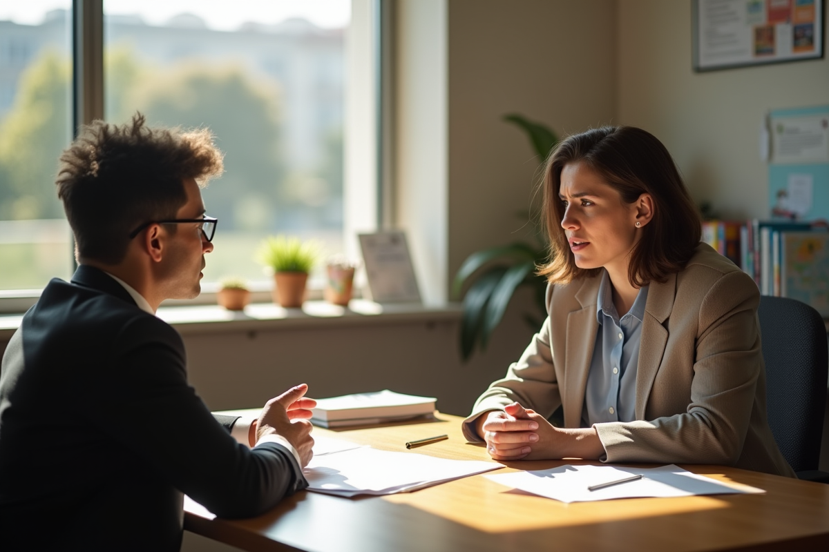 Parent inquiet discutant avec un administrateur scolaire