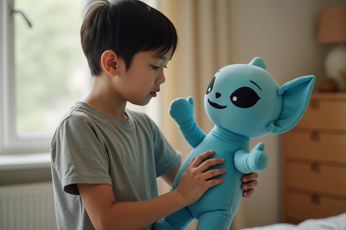 Parent adulte tenant une peluche Stitch respirante et l'inspectant dans une chambre d'enfant