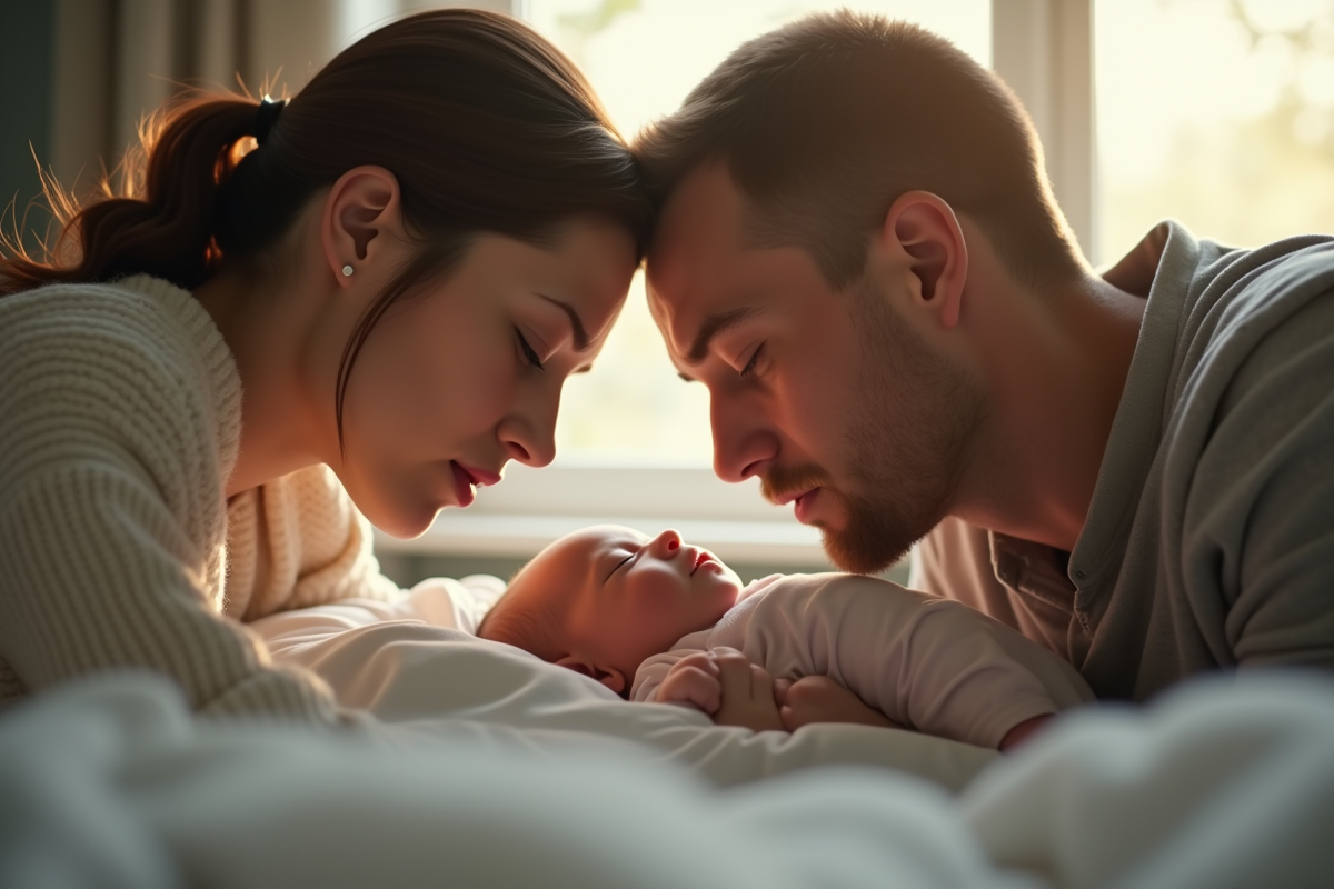 Parents vérifiant leur bébé endormi dans une chambre ensoleillée