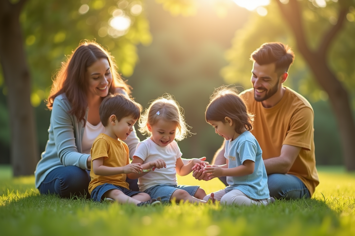 Parents et enfants jouant dans un parc en après-midi