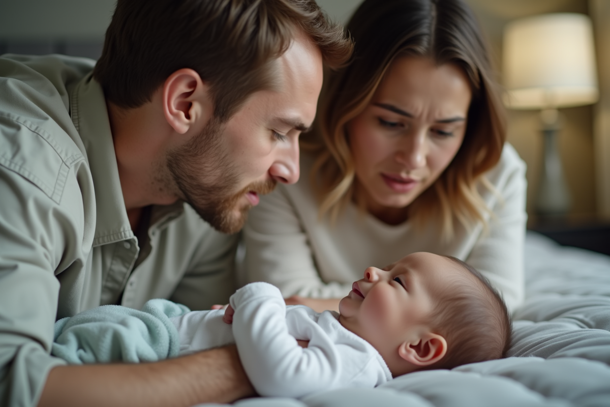 Parents vérifiant leur bébé dans une chambre chaleureuse