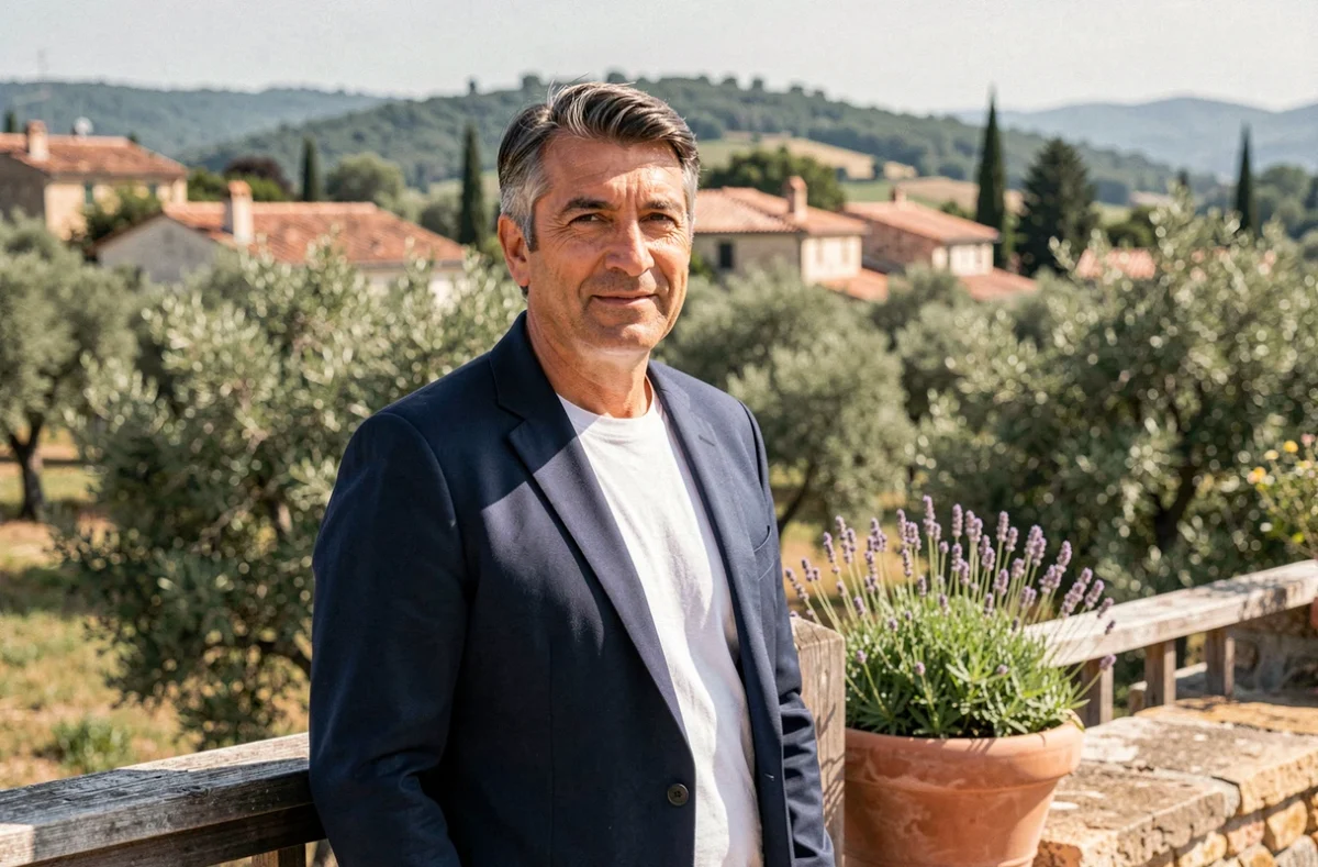 Patrick Fiori sur une terrasse provençale en 2026, portrait intimiste de la star en vie privée