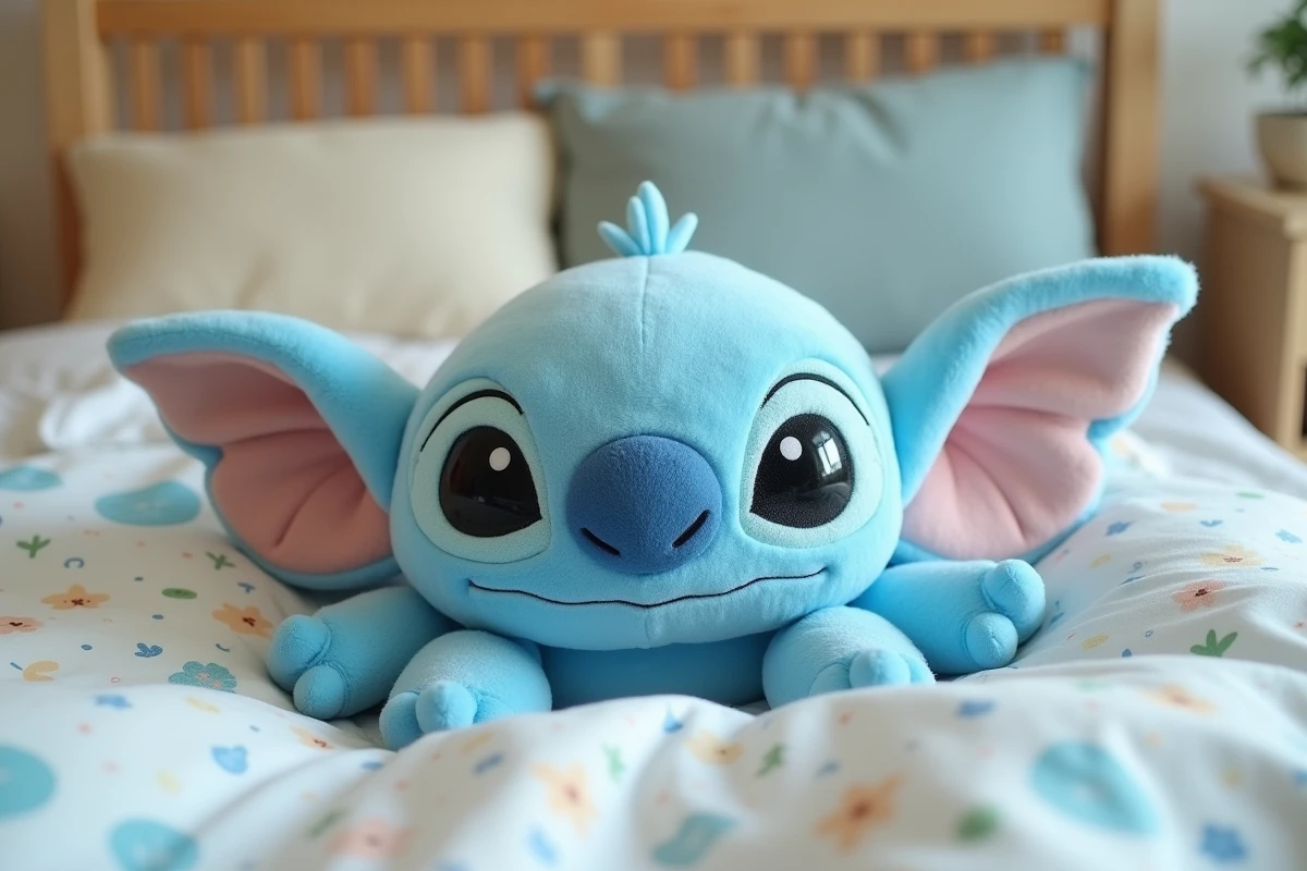 Peluche Stitch bleue respirante posée sur un lit d'enfant avec draps blancs et couette pastel