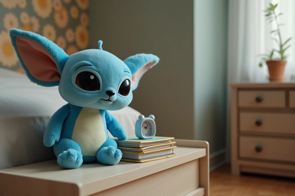 Peluche Stitch posée sur une table de nuit en bois avec réveil et livre de chevet lors d'une routine du coucher