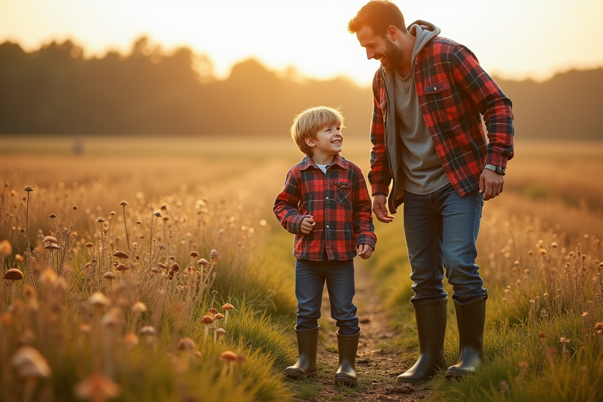 Fils et père cherchant des champignons dans un pré ensoleille