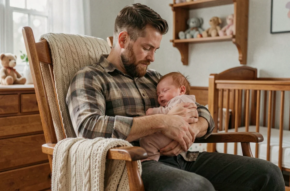 Père tenant son nouveau-né aux cheveux roux endormi dans une chambre de bébé décorée avec soin, regard protecteur et ému