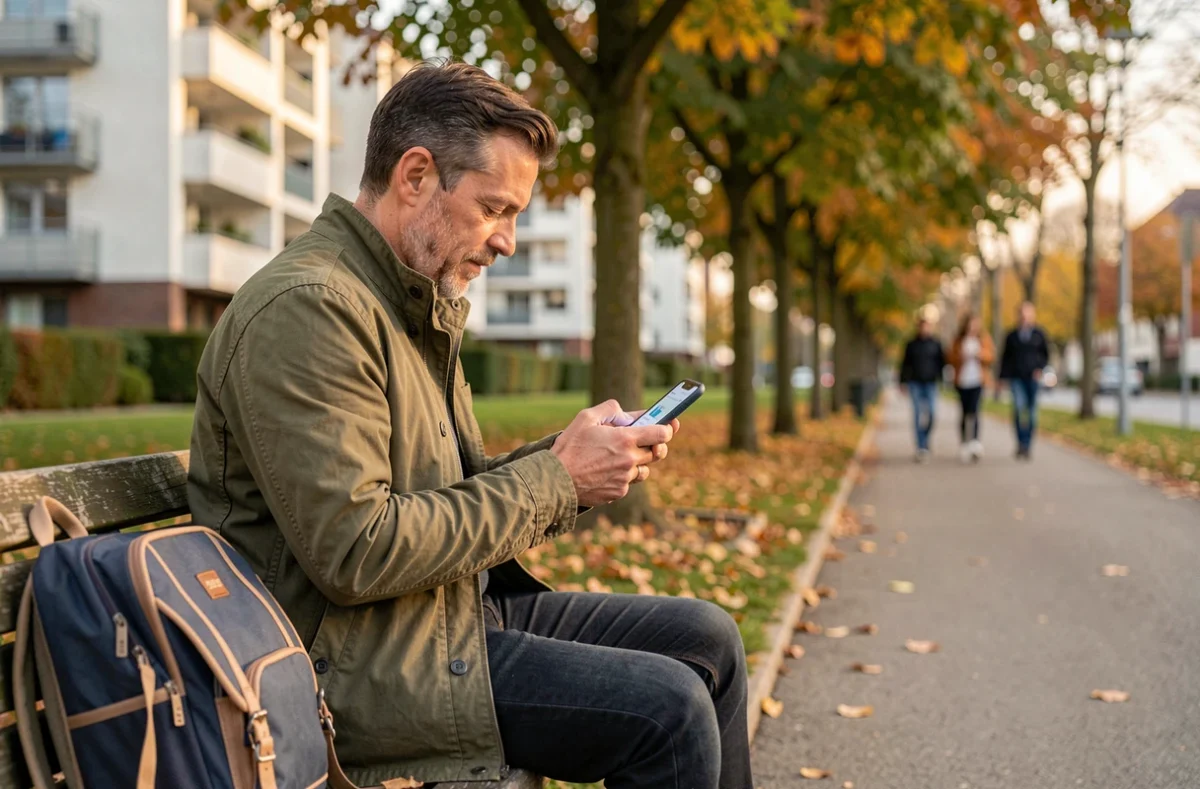 Père consultant le portail famille de Cergy sur smartphone dans un parc urbain