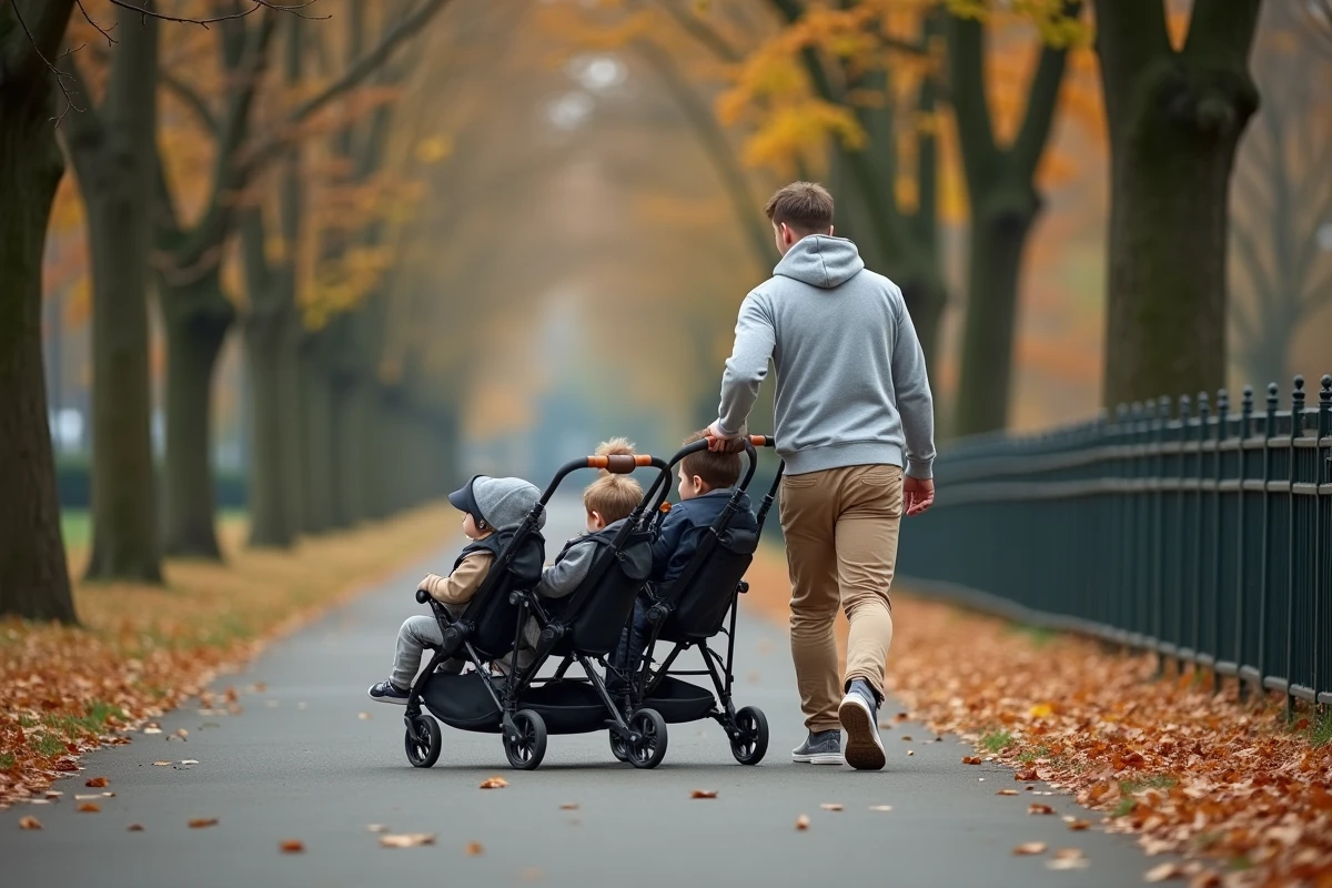 Père promenant ses trois enfants dans une triple poussette côte à côte dans un parc urbain européen en automne