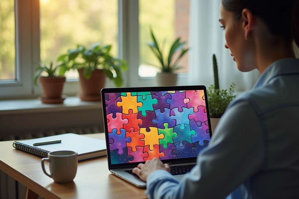 Personne résolvant un puzzle coloré sur un ordinateur portable