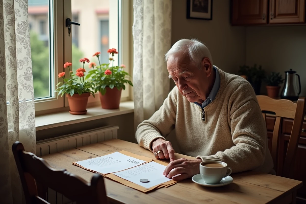 Homme âgé consultant ses relevés de retraite et un budget manuscrit pour évaluer ses revenus dans le cadre d'une obligation alimentaire