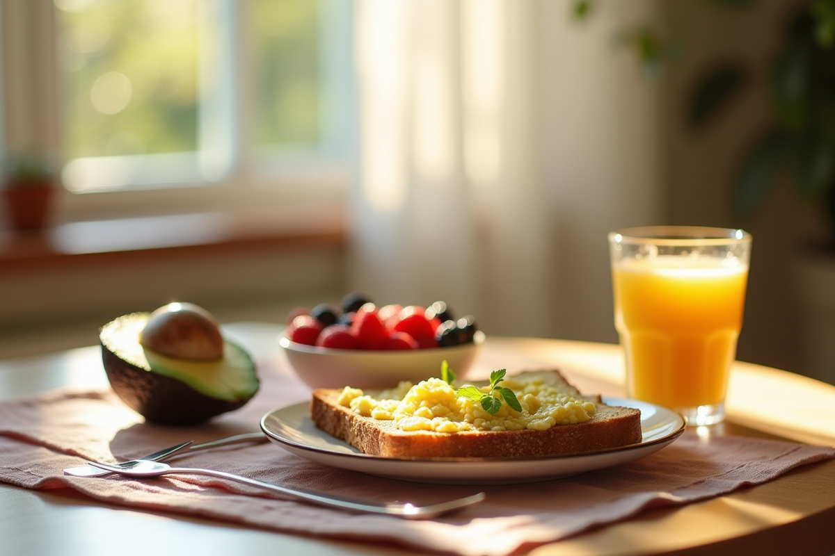 Table de petit déjeuner sain pour un enfant avec pain complet et avocat