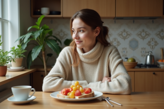 Jeune femme mange un petit déjeuner équilibré à la maison