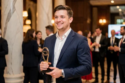 Jeune pilote de Formule 1 souriant lors d'une cérémonie sportive élégante, tenant un trophée dans un cadre solennel