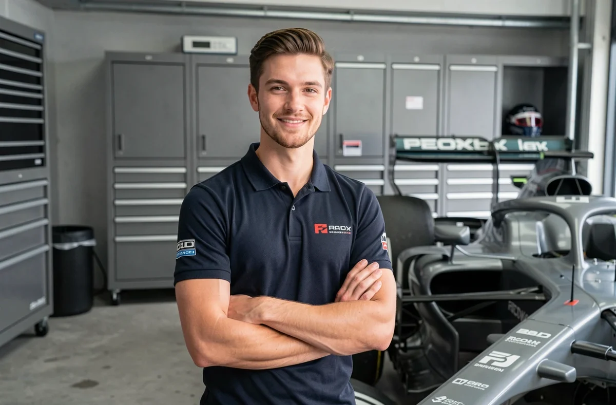 Jeune pilote de Formule 1 posant avec assurance dans un garage de paddock à côté d'une voiture de course moderne