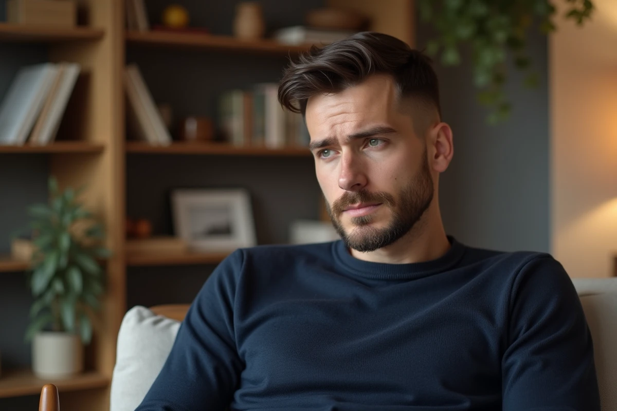 Portrait intimiste d'un homme réfléchi en pull marine dans un intérieur chaleureux, évoquant une interview sur la vie privée
