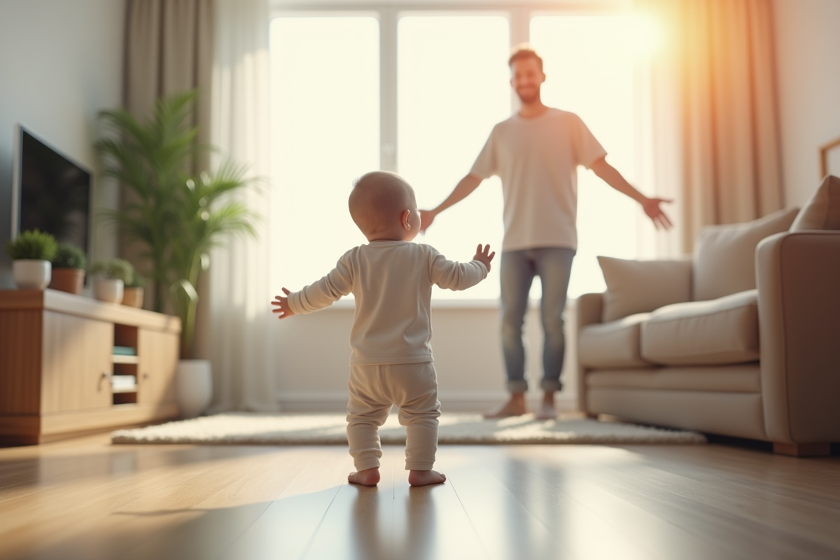 Bébé debout seul dans un salon lumineux souriant vers un parent