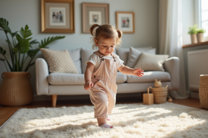 Petite fille curieuse faisant ses premiers pas dans le salon