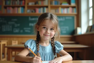 Petite fille écrivant son prénom Lisa sur une feuille blanche dans une salle de classe chaleureuse, évoquant l'identité et la découverte de son prénom
