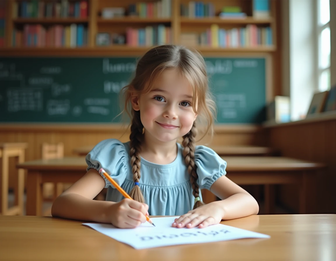 Petite fille écrivant son prénom Lisa sur une feuille blanche dans une salle de classe chaleureuse, évoquant l'identité et la découverte de son prénom
