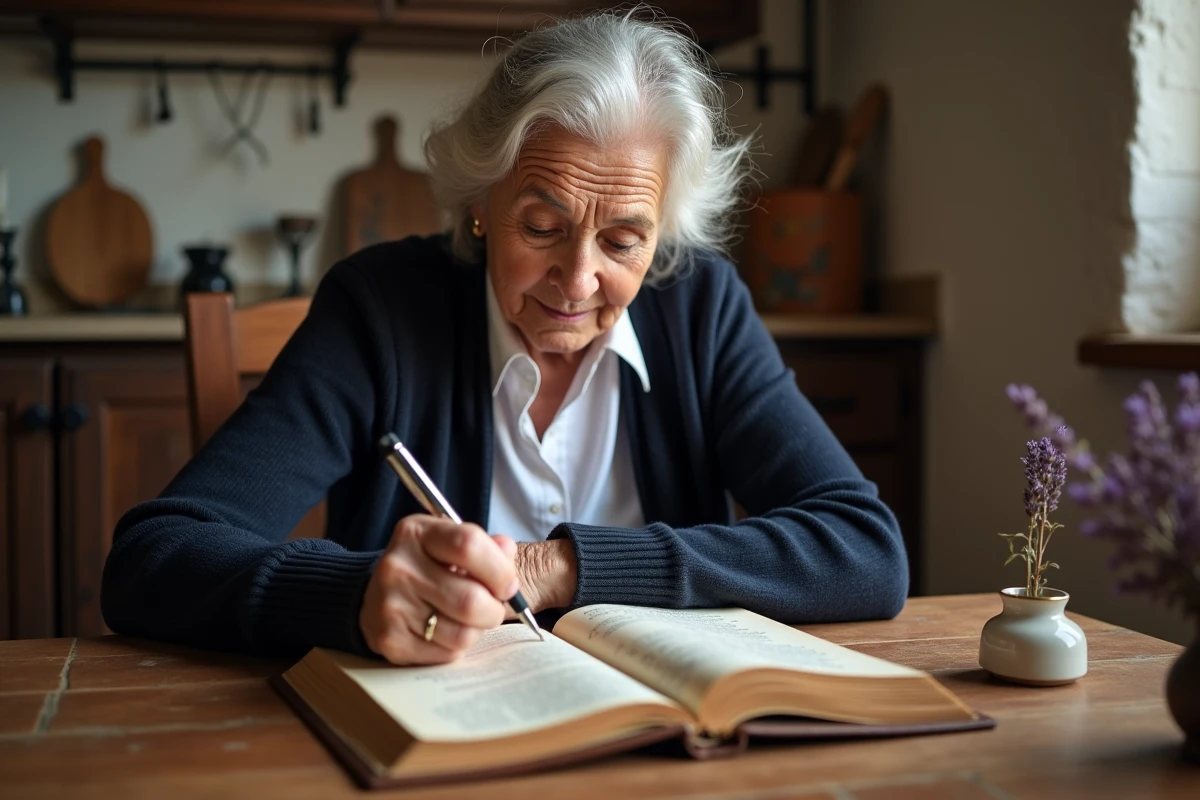 Femme âgée italienne écrivant des prénoms bibliques italiens dans une Bible en cuir dans une cuisine toscane rustique