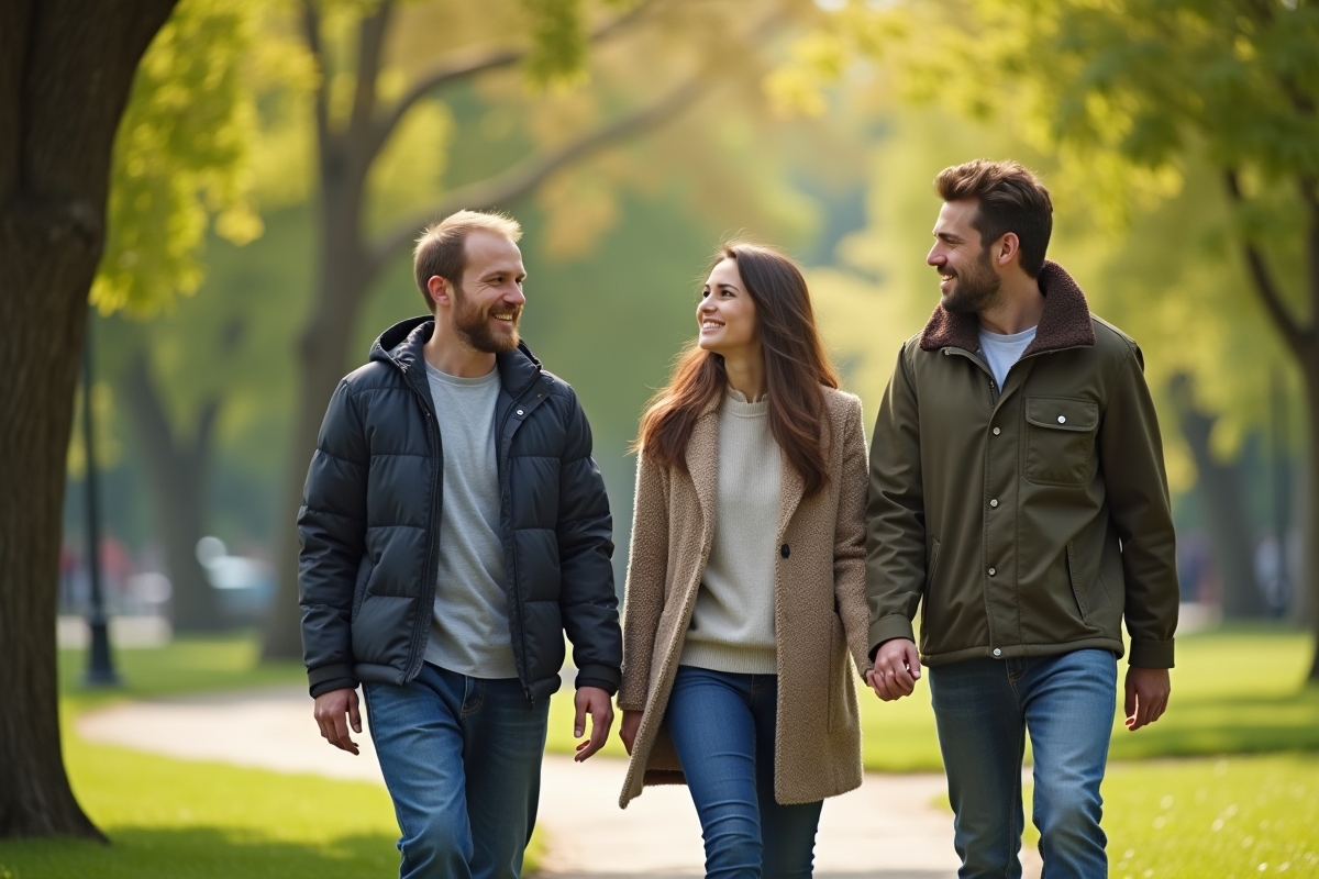 Adulte et adolescent marchant dans un parc en discutant