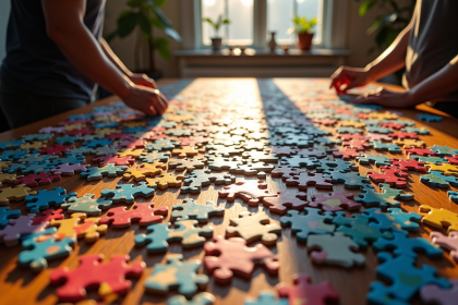 Puzzle coloré étalé sur une table en bois avec mains en train de l'assembler