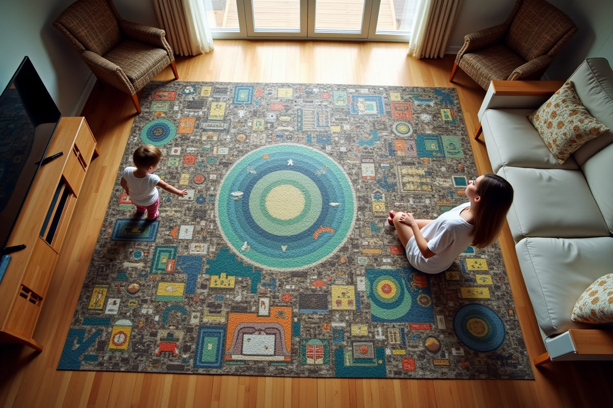 Puzzle géant terminé dans un salon avec un enfant et un adulte admirant