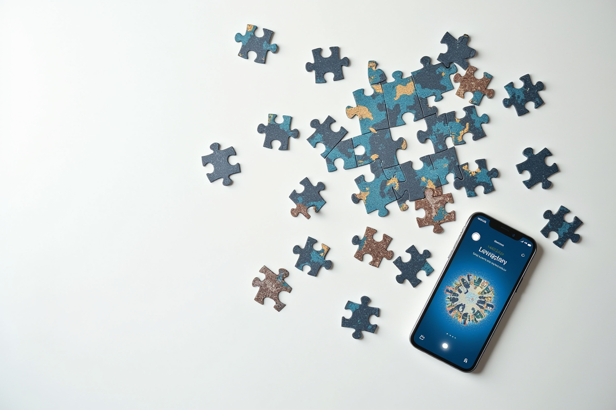 Pièces de puzzle dispersées sur une table avec smartphone affichant un site de puzzle