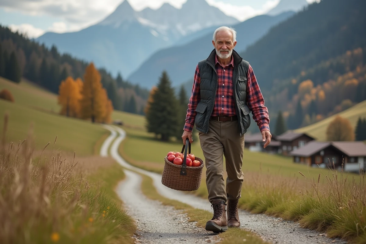 Homme âgé en randonnée avec panier de pommes en montagne